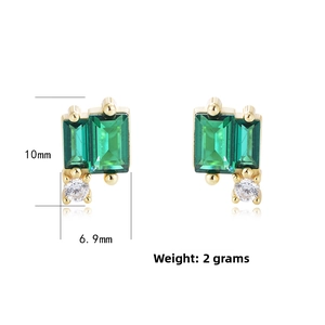 Detailed view of geometric emerald green zircon stud earrings with gold accents and dimensions