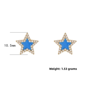Detailed view of s925 silver star earrings with blue enamel and 10.5mm size specs