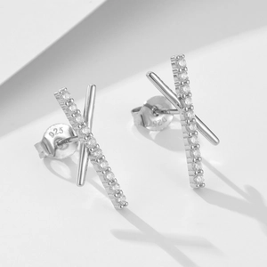 Minimalist S925 sterling silver X-shaped cross stud earrings with sparkling cubic zirconia