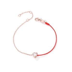 S925 silver red rope bracelet with rose gold heart zircon charm and adjustable clasp