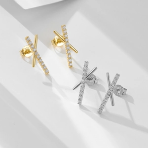 S925 sterling silver X-shaped crisscross stud earrings with zircon in gold and silver