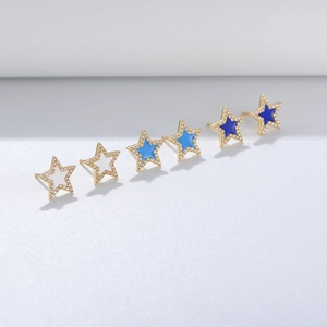 Detailed set of three pairs of sparkling S925 silver star earrings with colorful enamel