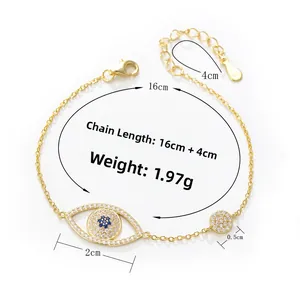 Detailed size and weight view of silver evil eye bracelet with blue and white zircons