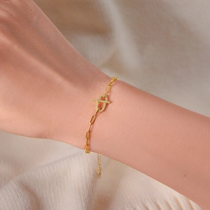 Minimalist S925 sterling silver gold bracelet with micro-pave zircon U-shape link on wrist