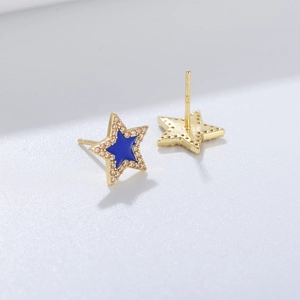 Gold star stud earrings with blue enamel center and micro-pave cubic zirconia stones