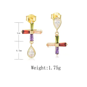 Colorful gemstone cross earrings with pear-shaped cubic zirconia in gold plated silver