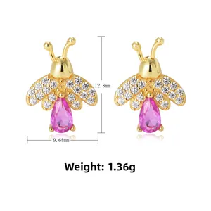 Detailed view of zircon bee earrings featuring dimensions 12.8mm by 9.68mm on white background