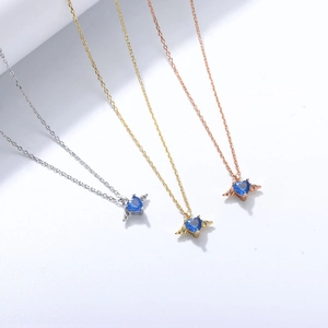 S925 silver angel wing necklace with heart-shaped blue zircon in three metal colors