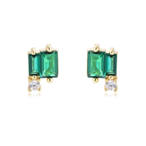 Elegant gold earrings with emerald green rectangular stones and round zircon accents