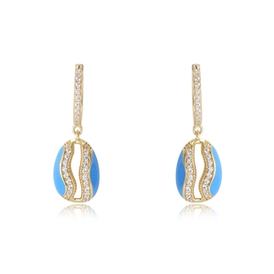 Elegant S925 silver oval shell earrings with blue enamel and micro-pave crystals