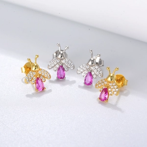 Exquisite zircon bee stud earrings in gold and silver finish with pink gemstones