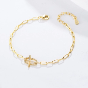 925 Sterling Silver Geometric Circle Chain Bracelet For Women Western Fashion Rhinestone Inlaid Minimalist Silver Chain Jewelry Gift