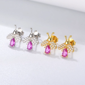 Sparkling S925 silver bee earrings with pink zircon stone and cubic zirconia inlay