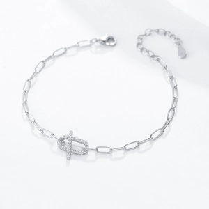 Detail of S925 sterling silver bracelet with micro-pave zircon and geometric links