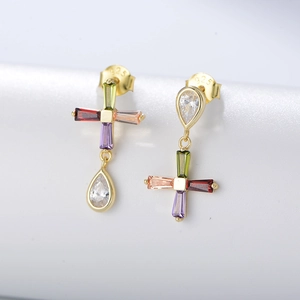 Asymmetric gold S925 silver cross drop earrings with colorful zircon and pear stones