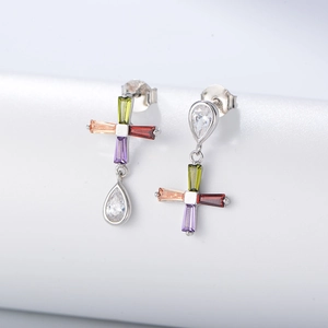 Asymmetric sterling silver earrings with colorful zircon cross and teardrop stone
