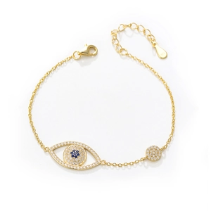 Minimalist gold S925 silver Evil Eye bracelet with blue and white zircon stones