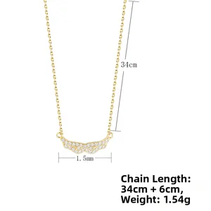Detailed view of silver angel wing pendant with dimensions and 34cm+6cm chain length