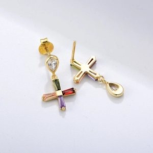 Detailed close-up of S925 sterling silver stamp on rainbow gemstone cross earrings