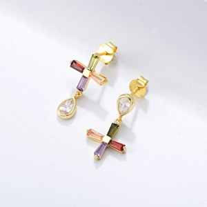 S925 sterling silver cross earrings with colorful gemstones and teardrop zircon pendants