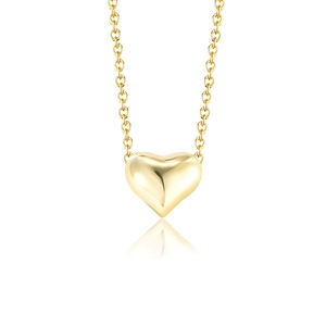 Polished gold 3D heart pendant necklace with minimalist chain on a white background