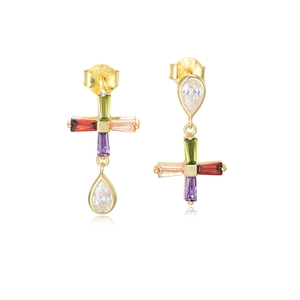 Gold plated S925 silver asymmetric cross earrings with colorful zircon and teardrop charms