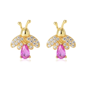 Elegant gold bee stud earrings with pink drop-shaped stone and sparkling zircon wings