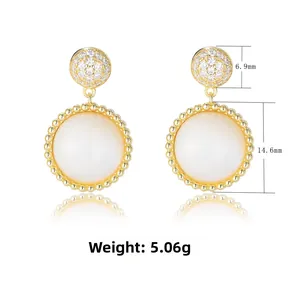 Detailed view of S925 silver earrings with white shell pendants and zircon accents