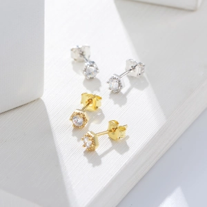 Boucles d'Oreilles Clous Hexagone Géométrique en Argent Sterling 925 Minimaliste Pour Femmes Bijoux Mode Or Argent Strass
