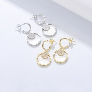 Orecchini Pendenti In Argento Sterling 925 Con Madreperla E Zircone Geometrico Doppio Cerchio Gioielli Eleganti