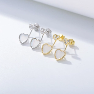 Boucles d'Oreilles Clous Cœur en Nacre Avec Tige en Argent Sterling 925 Bijoux Élégants en Zircone pour Femmes Or Argent