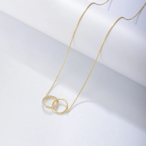 Detailed close-up of interlocking double circles necklace with sparkling zircon pave setting