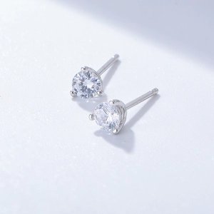 S925 sterling silver three-claw round zircon stud earrings with minimalist elegant design