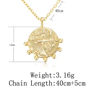 Vintage 15mm relief coin pendant necklace in S925 silver with adjustable 40cm+5cm gold chain