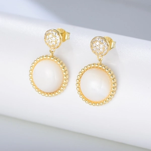 Vintage S925 silver gold drop earrings with white shell and round zircon accents