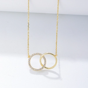 925 Sterling Silver Interlocking Double Circle Pendant Necklace For Women Elegant Rhinestone Inlaid Clavicle Chain Jewelry Gift