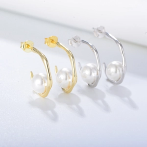 Minimalist C-shape S925 sterling silver geometric earrings with white round pearls