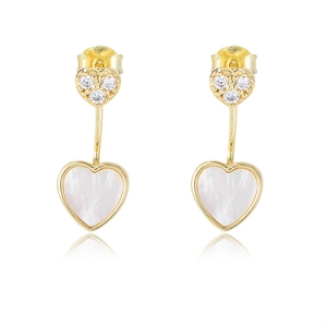 Élégantes boucles d'oreilles cœur en argent s925 avec nacre et zircons brillants dorés