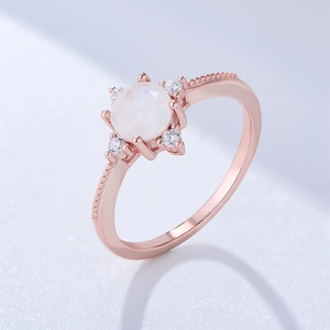 925 Sterling Silver Natural Moonstone Ring For Women Rose Gold Plated Round Gemstone Rhinestone Inlaid Geometric Finger Ring