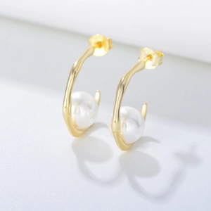 C Shape Geometric Artificial Pearl Earrings With 925 Sterling Silver Earring Post Minimalist Elegant Jewelry For Women
