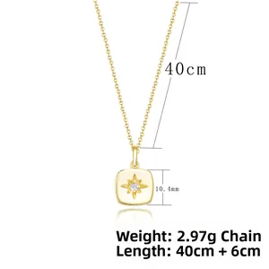 Detail of square gold pendant with starburst motif and white zircon on a fine chain