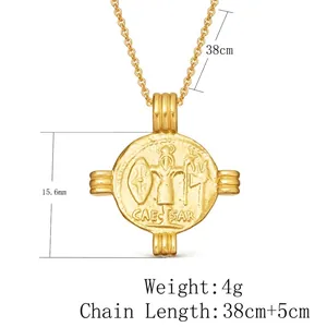 Collier rétro en argent sterling S925 plaqué or avec pièce César et chaîne ajustable