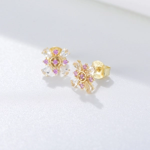 925 Sterling Silver Pink Flower Stud Earrings For Women French Vintage Rhinestone Petal Jewelry Wedding Party Gift