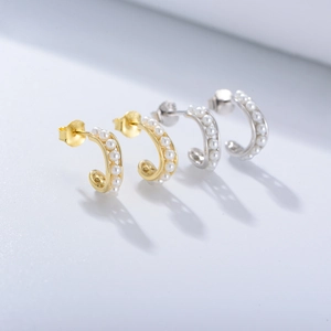 Geometric C-Shape Hoop Earrings With 925 Sterling Silver Earring Post Elegant Inlaid Artificial Pearl Retro Jewelry For Women