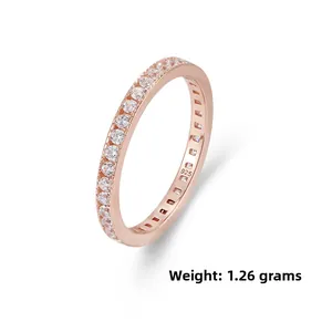 Macro shot of rose gold S925 silver ring band with 925 stamp and micro-pave cubic zirconia