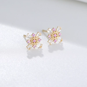 Macro detail of 925 silver flower earrings with pink and clear zircon crystals