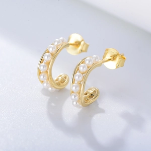 Elegant gold S925 silver C-shape earrings with double rows of white pearls