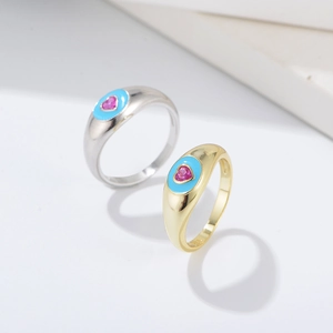 Bague en Argent Sterling S925 Avec Strass Cœur Rose et Émail pour Femme Bijoux Esthétiques Vintage Bague Cœur Bleu Cadeau
