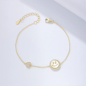 Bracelet en Argent Sterling 925 avec Pendentif Cœur et Visage Souriant Incrusté de Strass Bijoux Chaîne Réglable pour Femme Cadeau