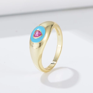 Bague en argent 925 doré avec émail bleu et pierre précieuse en zircon coeur rose